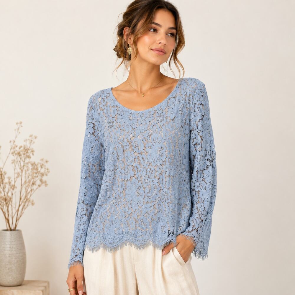 Rose & Olive Blouse Women's Size XL NWT Blue Floral Lace Cottage Romantic Office